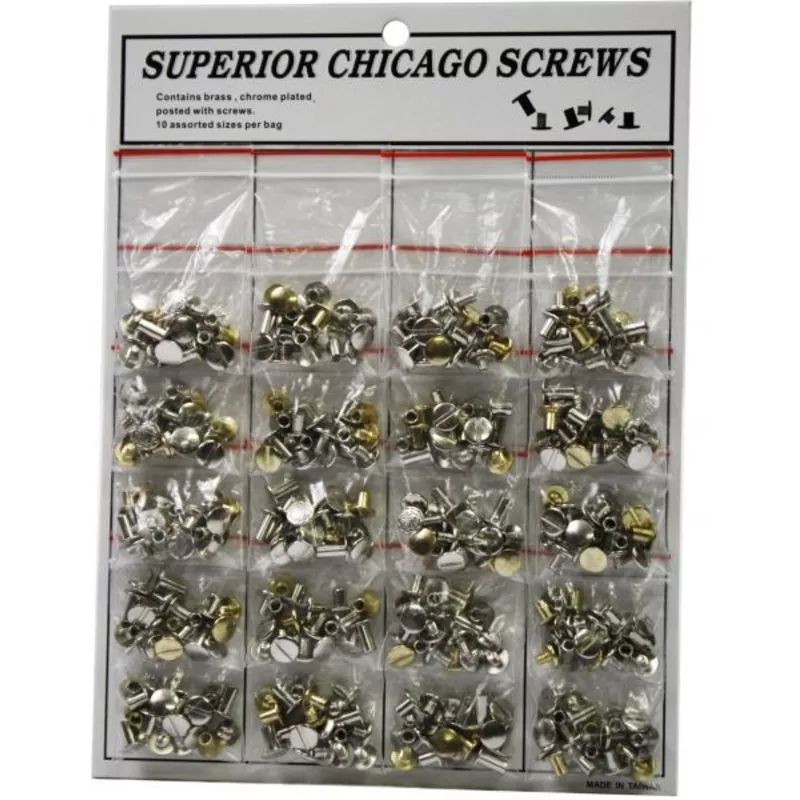 #002300: Chicago screw assortment contains brass and chrome plated plain and floral head