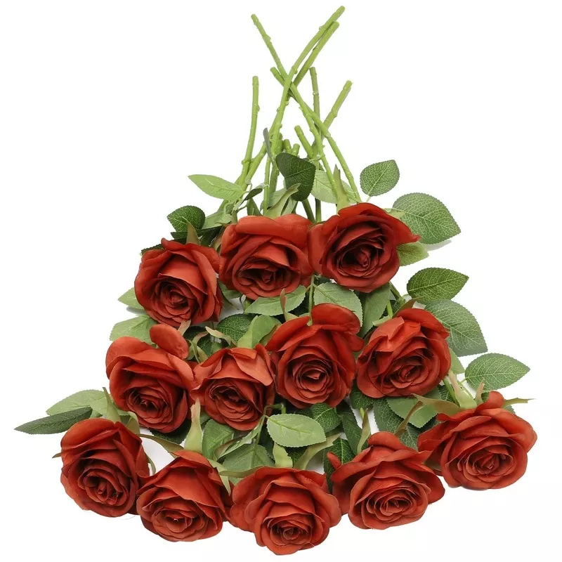 12 Pcs Artificial Silk Rose Flowers with Long Stems, 3.5 Inch Flower Head, 17.7 Inch Total Height, Burnt Orange with Green Leaves