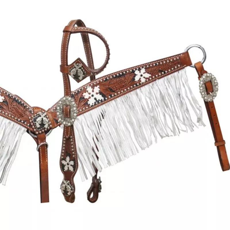 #12914: Showman Medium tooled leather headstall and breast coller with black color inlay and whit