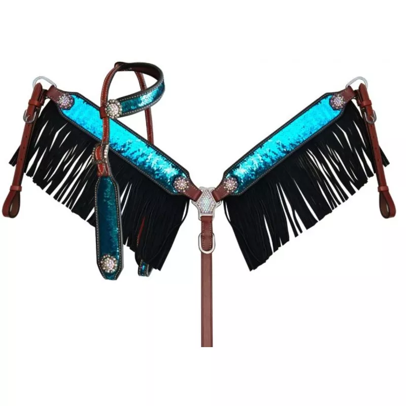 #14261: ShowmanTurquoise and Pink Sequins Inlay Single Ear Headstall and Breast Collar Set with