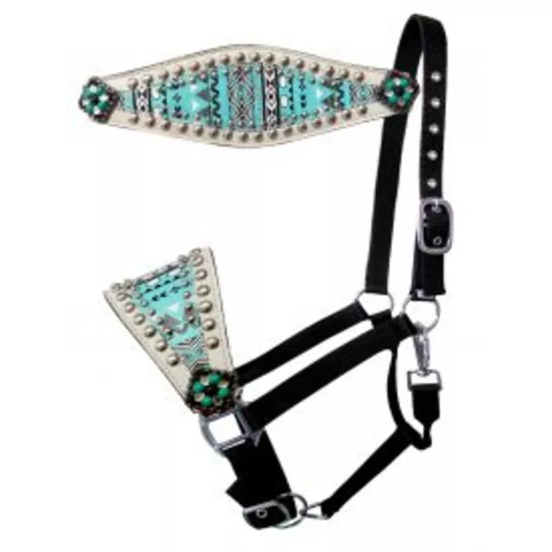 #16712: ShowmanTeal/White Navajo print nylon bronc halter