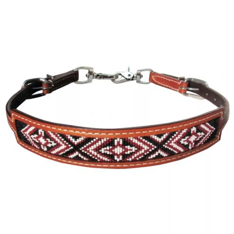 #176599: Showman Medium leather wither strap with red beaded cross design inlay