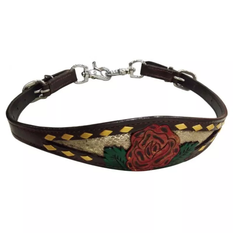#177256: ShowmanLeather wither strap with painted red rose designw/ gold snakeskin inlay