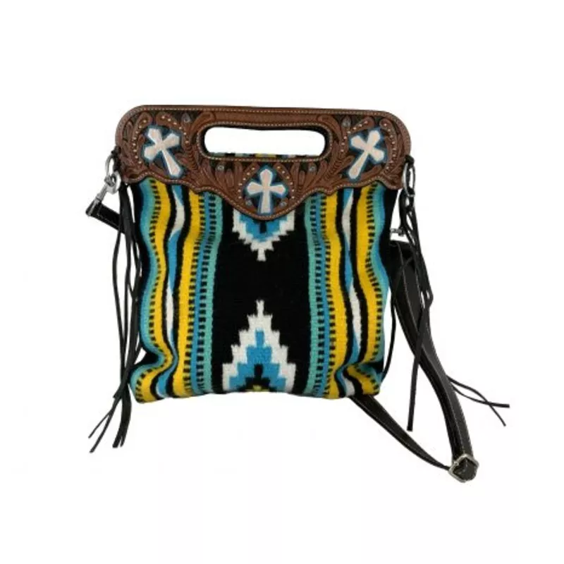 #202597: ShowmanSouthwest Saddle blanket handbag with genuine leather floral tooled handle accen