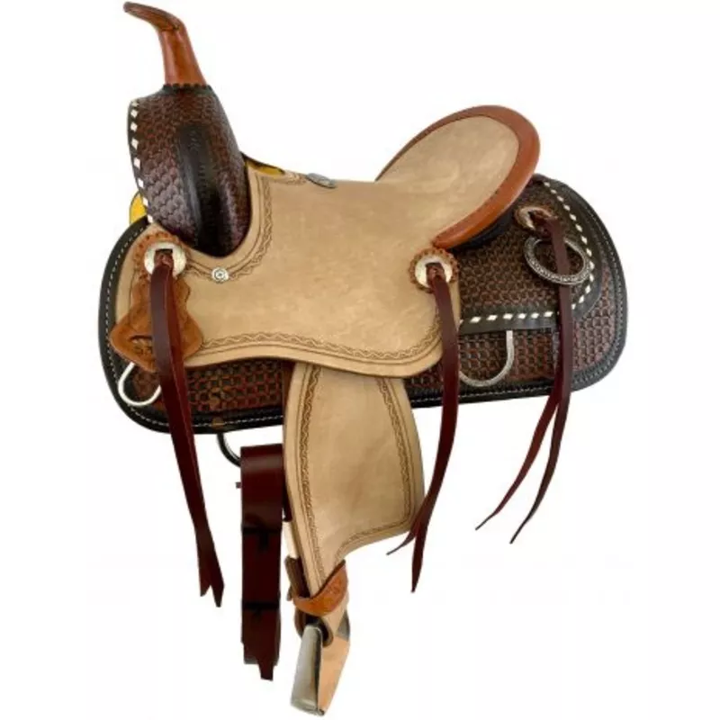 #538912: 12" Double T hard seat roping style saddle with basket weave tooling