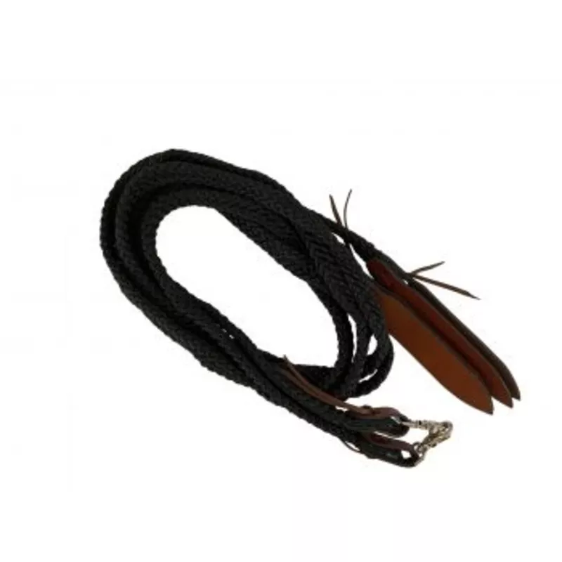 #5836: Showman 8ft braidednylon split reins with leather poppers