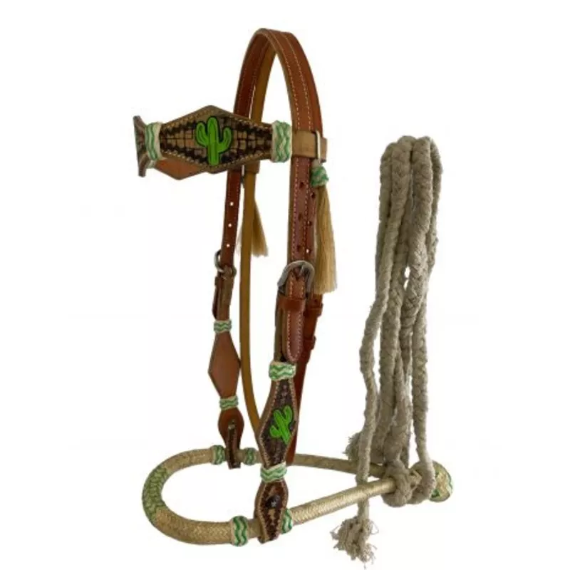 #7045: Showman Leather bosal headstall with cactuspainteddesign on medium leather and white cott