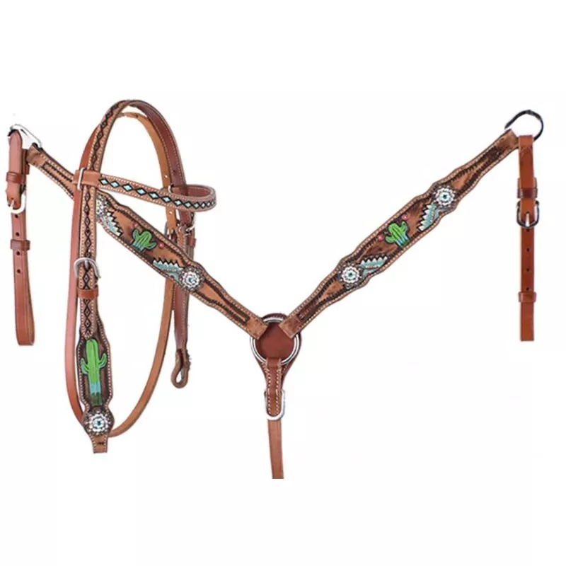 #7080: Showman PONY Hand painted cactus headstall and breast collar set with turquoise conchos