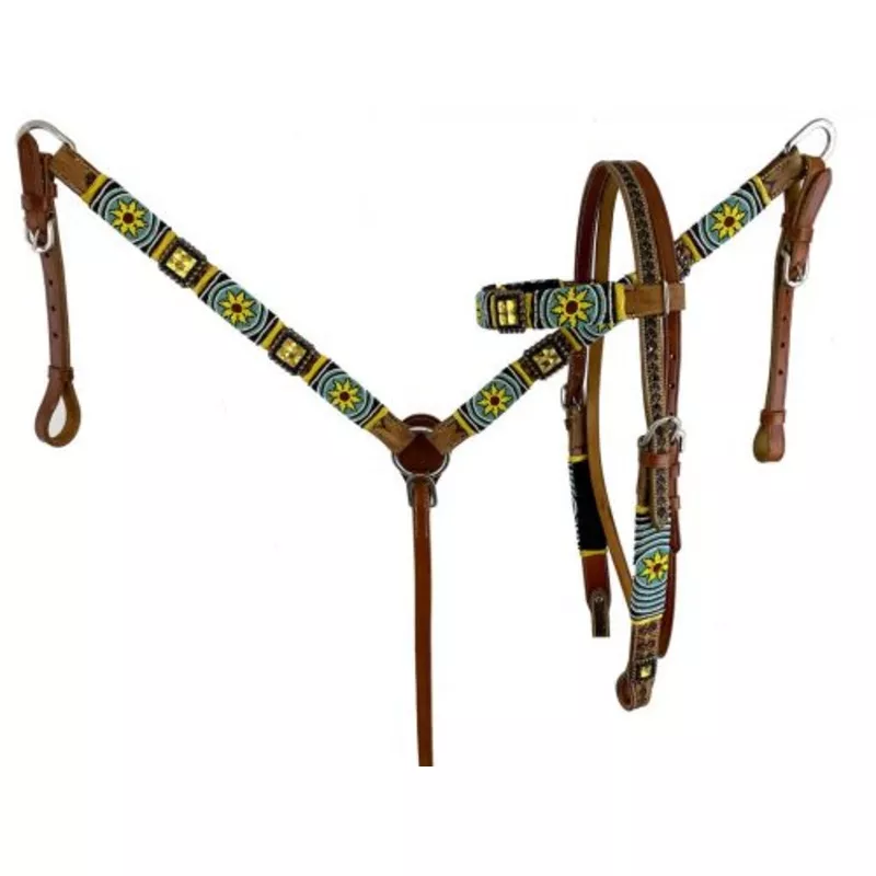 #7094: Showman Medium oilleather browband headstall with beaded sunflower design
