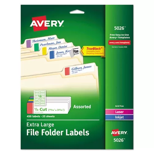 Avery 05026 Extra-Large TrueBlock File Folder Labels with Sure Feed Technology, 0.94" x 3.44", White, 18/Sheet, 25 Sheets/Pack