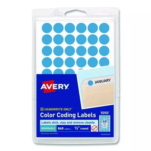 Avery 05050 Handwrite Only Self-Adhesive Removable Round Color-Coding Labels, 0.5" dia, Light Blue, 60/Sheet, 14 Sheets/Pack, (5050)