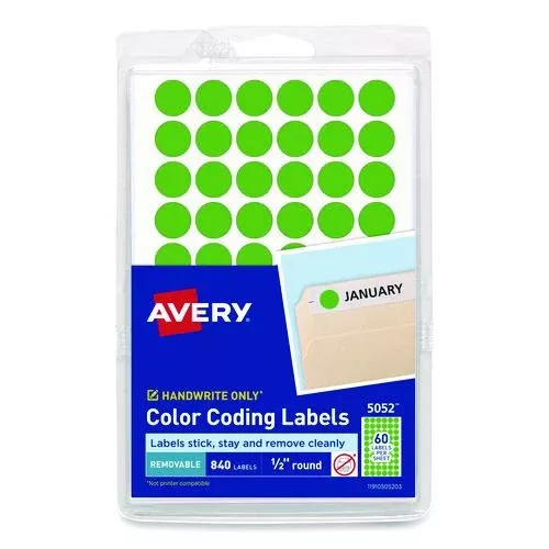 Avery 05052 Handwrite Only Self-Adhesive Removable Round Color-Coding Labels, 0.5" dia, Neon Green, 60/Sheet, 14 Sheets/Pack, (5052)