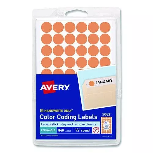 Avery 05062 Handwrite Only Self-Adhesive Removable Round Color-Coding Labels, 0.5" dia, Neon Orange, 60/Sheet, 14 Sheets/Pack, (5062)