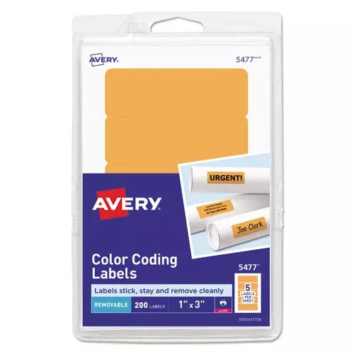 Avery 05477 Printable Self-Adhesive Removable Color-Coding Labels, 1 X 3, Neon Orange, 5/sheet, 40 Sheets/pack, (5477)