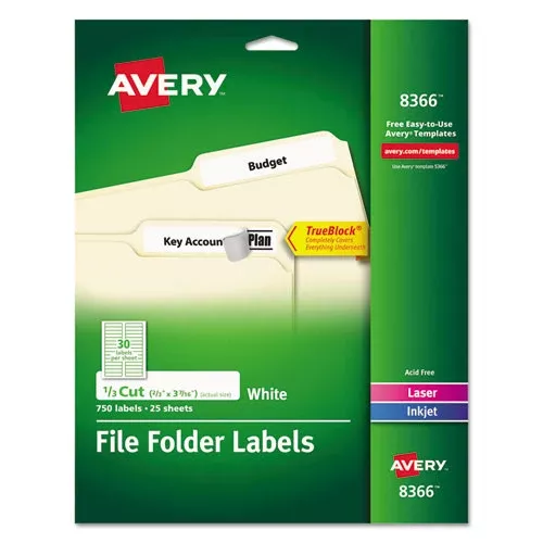 Avery 08366 Permanent Trueblock File Folder Labels With Sure Feed Technology, 0.66 X 3.44, White, 30/sheet, 25 Sheets/pack