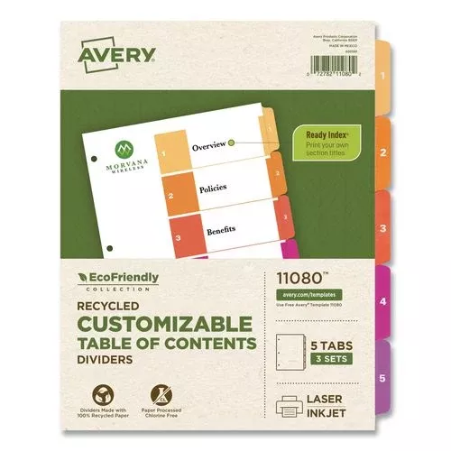 Avery 11080 Customizable Table Of Contents Ready Index Dividers With Multicolor Tabs, 5-Tab, 1 To 5, 11 X 8.5, White, 3 Sets