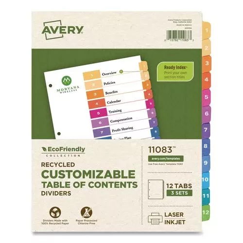 Avery 11083 Customizable Table Of Contents Ready Index Dividers With Multicolor Tabs, 12-Tab, 1 To 12, 11 X 8.5, White, 3 Sets