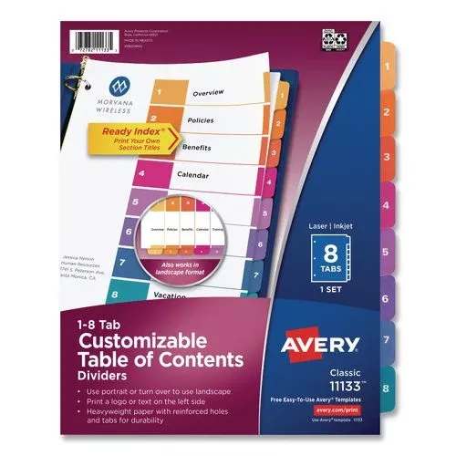 Avery 11133 Customizable TOC Ready Index Multicolor Tab Dividers, 8-Tab, 1 to 8, 11 x 8.5, White, Traditional Color Tabs, 1 Set