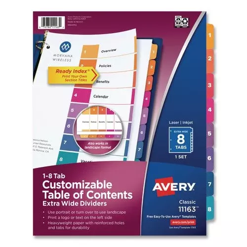 Avery 11163 Customizable TOC Ready Index Multicolor Tab Dividers, Extra Wide Tabs, 8-Tab, 1 to 8, 11 x 9.25, White, 1 Set