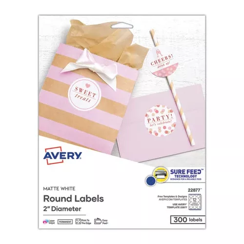 Avery 22877 Round Print-to-the Edge Labels with SureFeed and EasyPeel, 2" dia, Matte White, 300/Pack