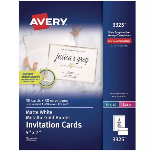 Avery 3325 Invitation Cards with Metallic Border, Inkjet/Laser, 80 lb, 5 x 7, Matte White, 2 Cards/Sheet, 15 Sheets/Pack