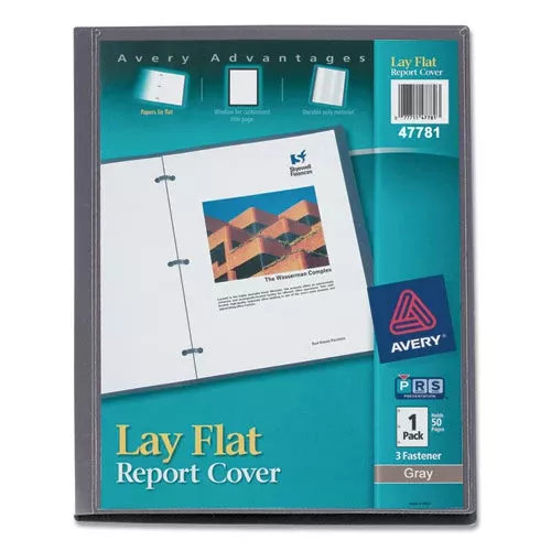 Avery 47781 Lay Flat View Report Cover, Flexible Fastener, 0.5" Capacity, 8.5 X 11, Clear/gray
