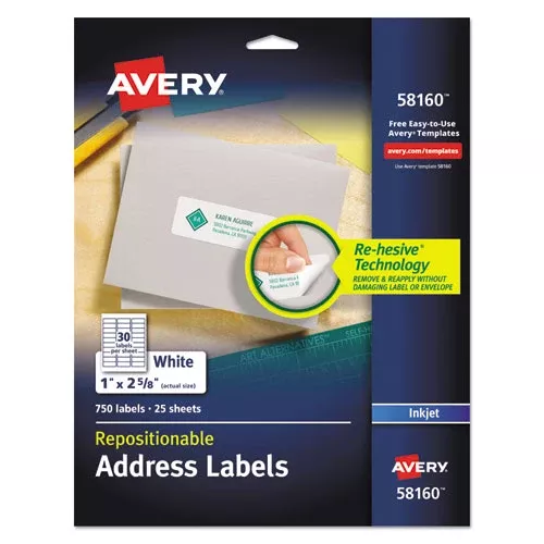Avery 58160 Repositionable Address Labels w/SureFeed, Inkjet/Laser, 1 x 2.63, White, 750/BX