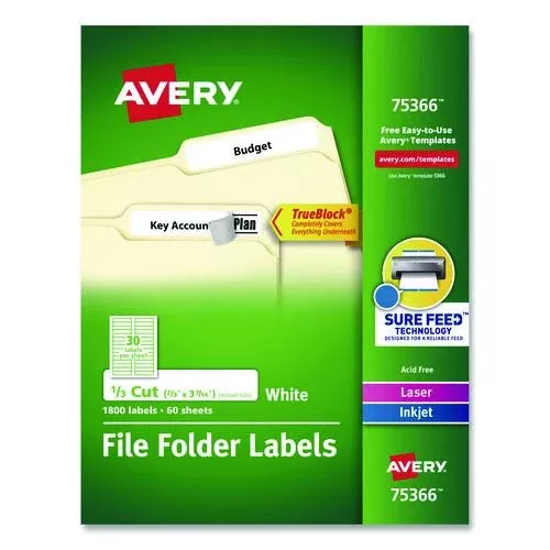 Avery 75366 Permanent Trueblock File Folder Labels With Sure Feed Technology, 0.66 X 3.44, White, 30/sheet, 60 Sheets/box