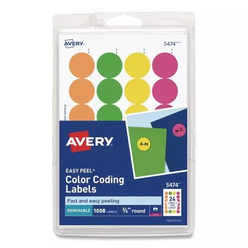Avery AVE05474 Handwrite Only Self-Adhesive Removable Round Color-Coding Labels, 0.75" dia, Assorted Neon Colors, 24/Sheet, 42 Sheets/Pack