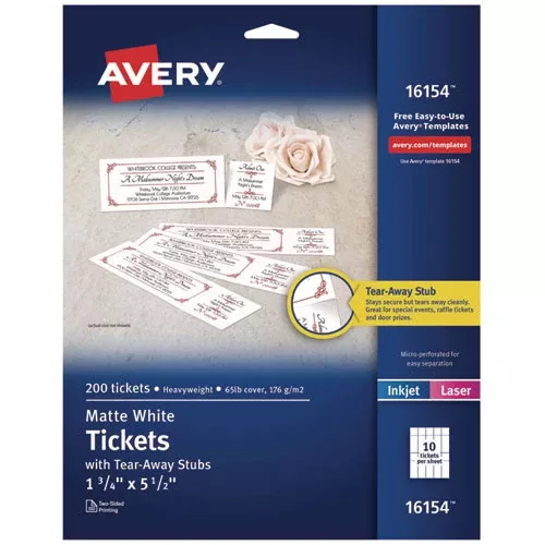 Avery AVE16154 Printable Tickets w/Tear-Away Stubs, 97 Bright, 65 lb Cover Weight, 8.5 x 11, White, 10 Tickets/Sheet, 20 Sheets/Pack