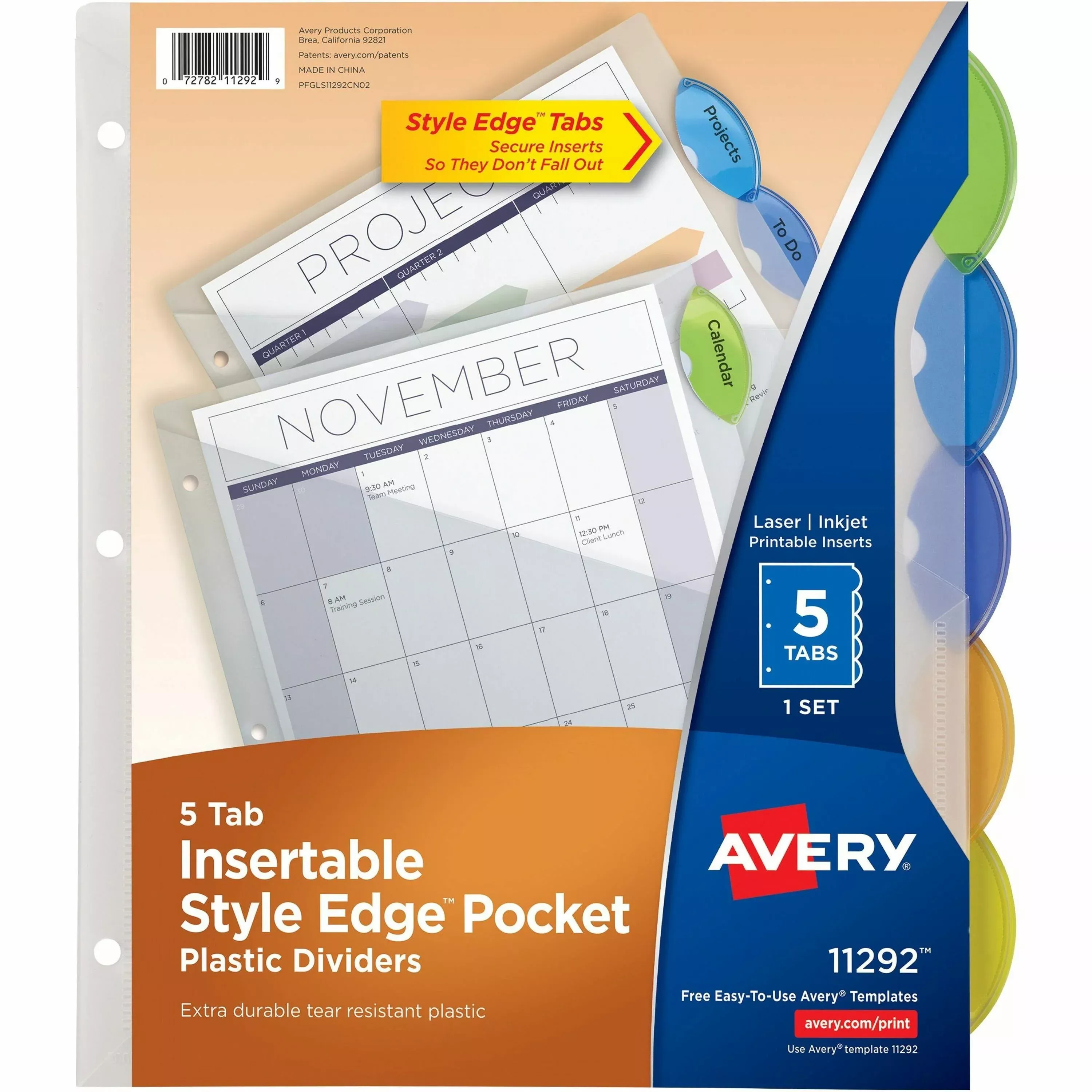 Avery Insertable Style Edge Tab Plastic 1-Pocket Dividers, 5-Tab, 11.25 x 9.25, Translucent, 1 Set