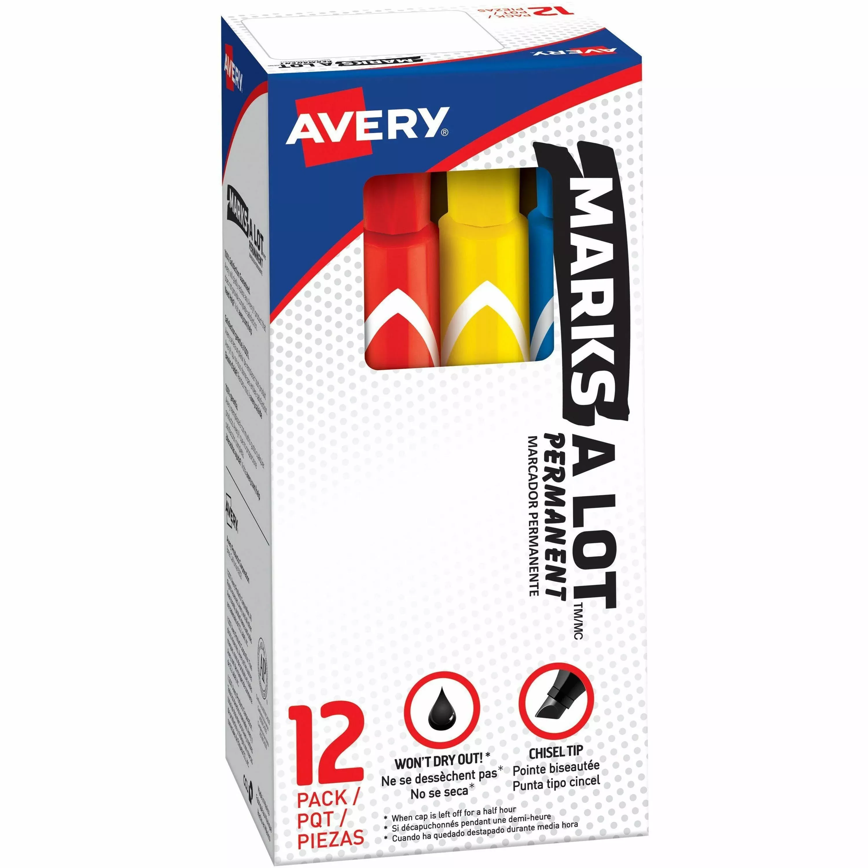 Avery Marks A Lot Large Desk-Style Permanent Marker, Broad Chisel Tip, Assorted Colors, 12/set (24800)