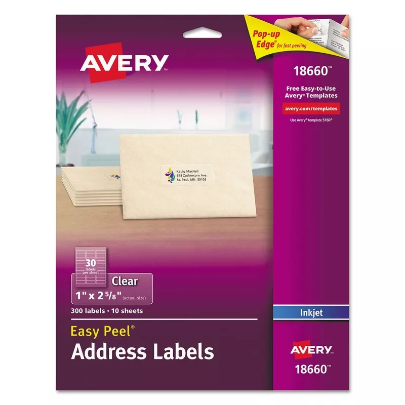 Avery Matte Clear Easy Peel Mailing Labels W/ Sure Feed Technology, Inkjet Printers, 1.33 X 4, Clear, 14/sheet, 10 Sheets/pack