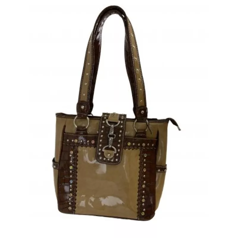 #BA1735-C: P&G Tan and dark brownGator Synthetic Purse w/ Rhinestone accent beads, this purse fea
