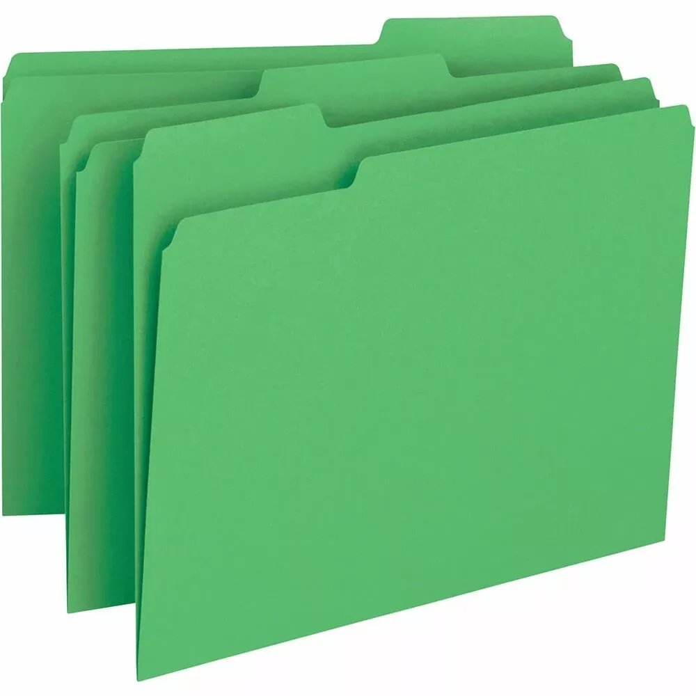 Business Source File Folder,11pt,1/3 Cut Assorted Tabs,Letter,100/BX,GN
