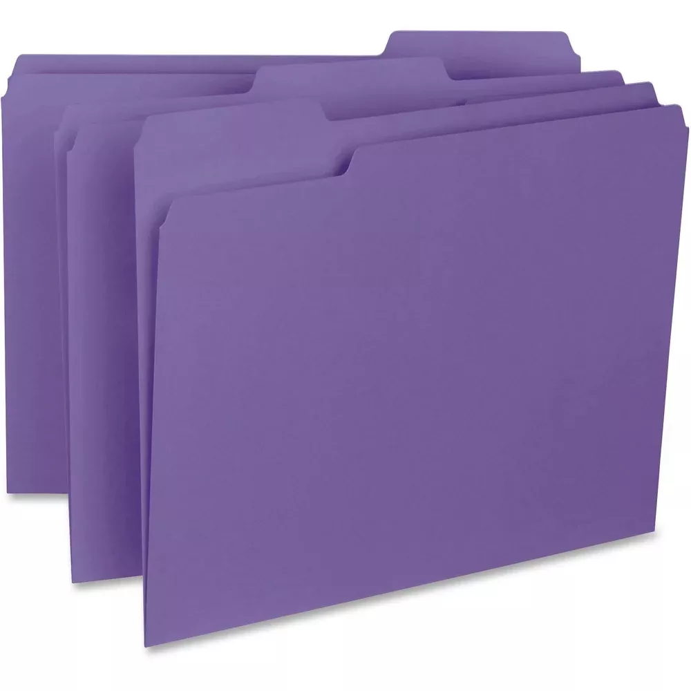 Business Source File Folder, Interior, Ltr, 1/3" Cut, 100/BX, Purple