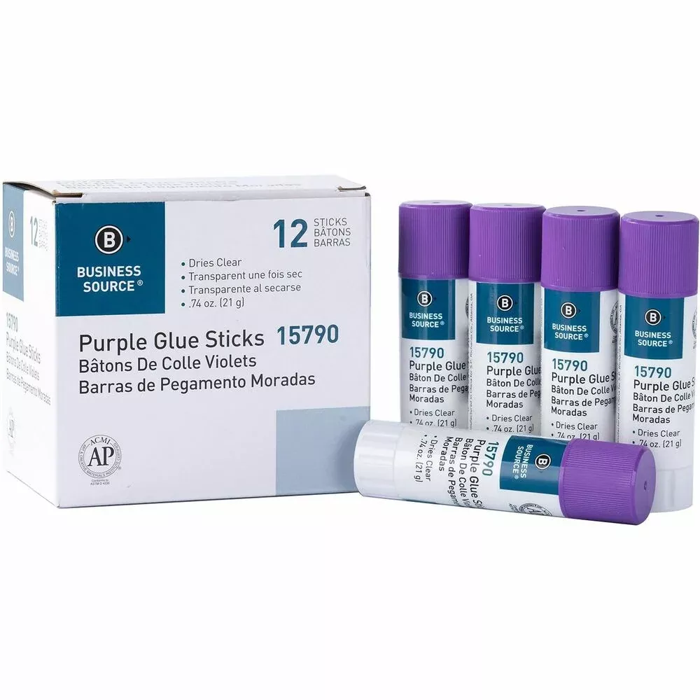 Business Source Glue Stick, Bulk, Solid, Dries Clear, 0.74oz, 12/BX, Purple