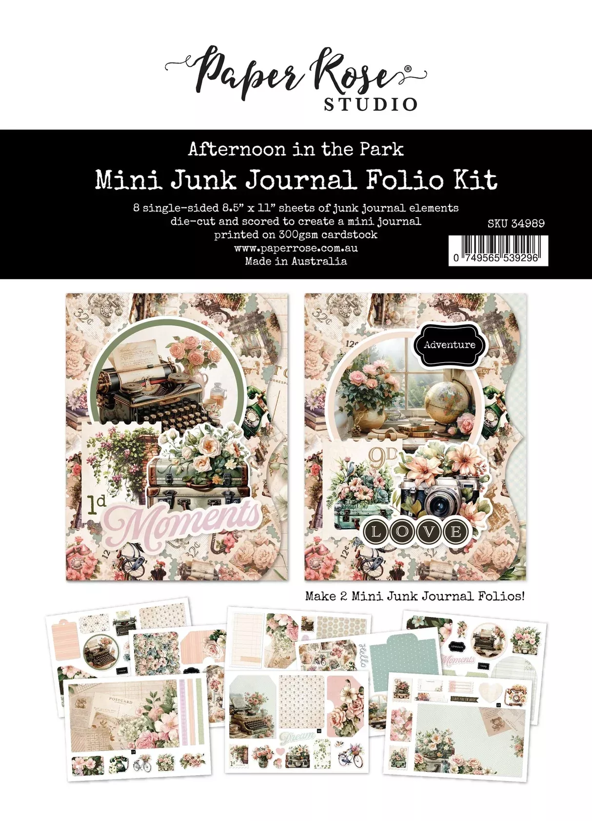 Mini Album: Paper Rose Studio-Afternoon in the Park 8.5" x 11" Mini Junk Journal Folio Kit