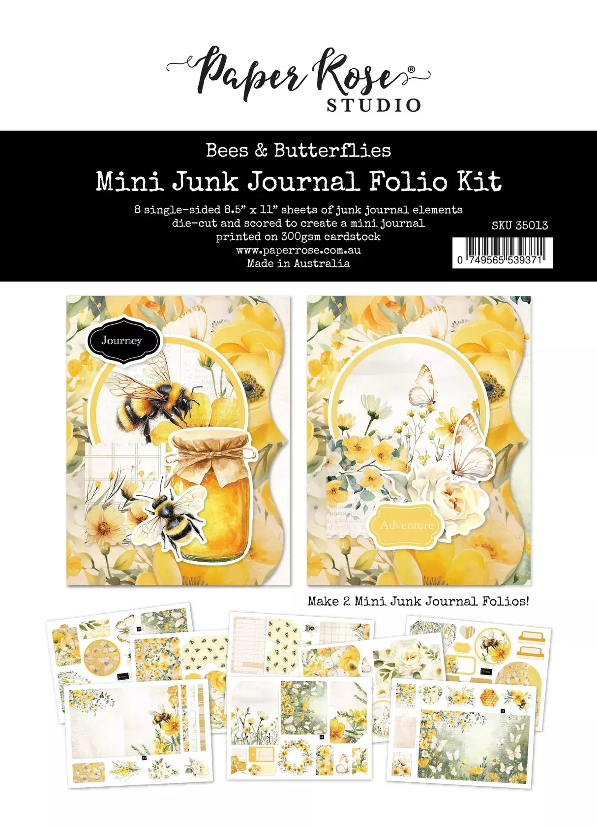 Mini Albums: Paper Rose Studio-Bees and Butterflies 8.5" x 11" Mini Junk Journal Folio Kit