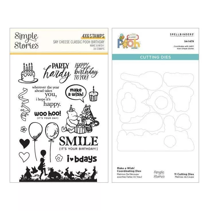 Simple Stories - Say Cheese Classic Pooh Birthday Collection - Clear Stamps & Dies - Make a Wish!