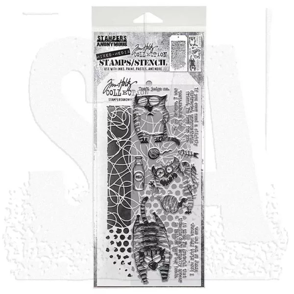 Snarky Cat 2 - Tim Holtz Mixed Media Stamps & Stencil Set - Stampers Anonymous