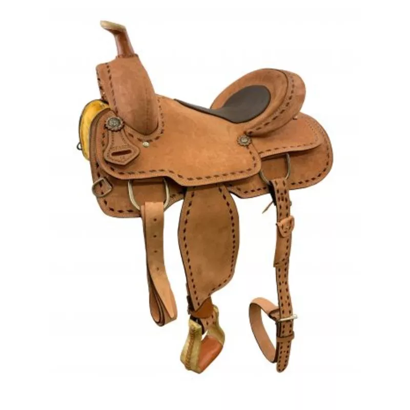 #ST1322: 16" Roper Style saddle tan rough out with leather inlay seat