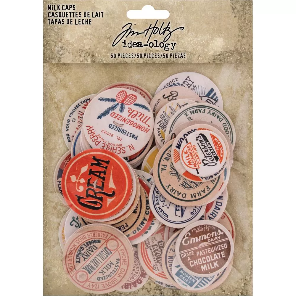 Tim Holtz Idea-Ology Chipboard Milk Caps 50/Pkg Assorted Sizes