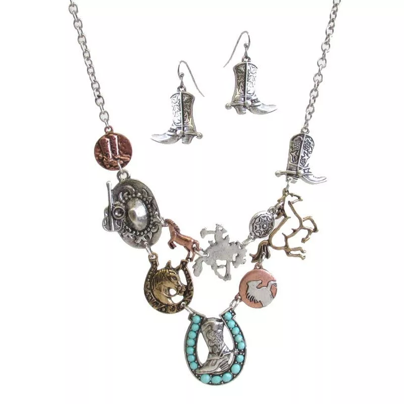 ( V224 )HORSE THEME MULTI HORSESHOE LINK BIB NECKLACE SET