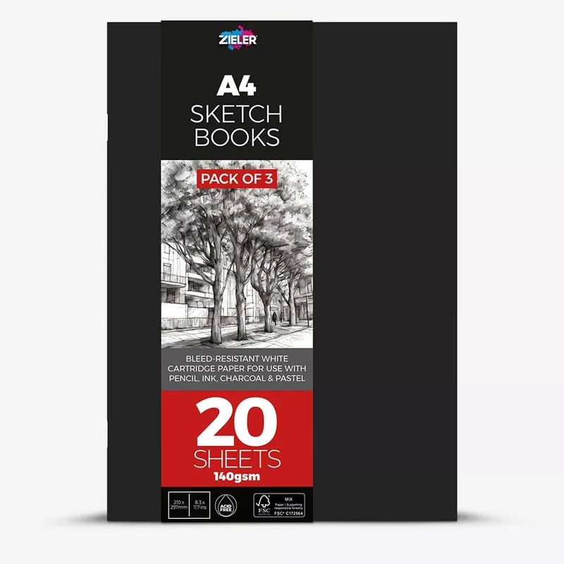 Zieler : Sketchbook : Softcover : 140gsm : A4 : 20 Sheets : Pack of 3
